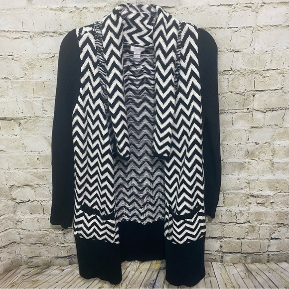 Chicos Cardigan Black White Chevron Retro Rays Contrast Trim - Picture 2 of 5